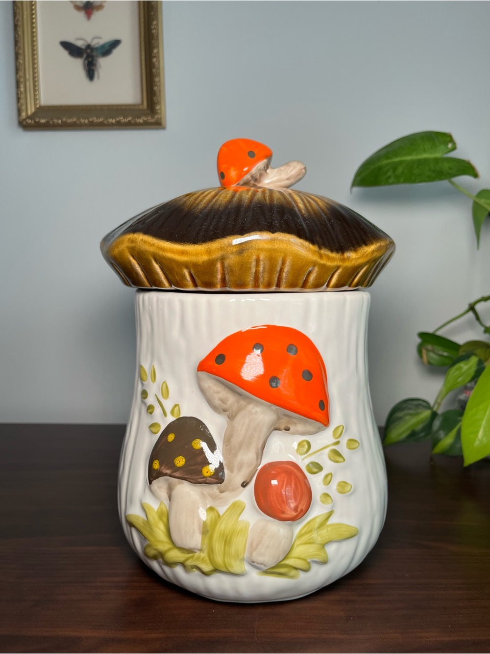 Vintage Merry Mushroom Cookie Jar 🍄 Retro Woodland Kitchen Canister